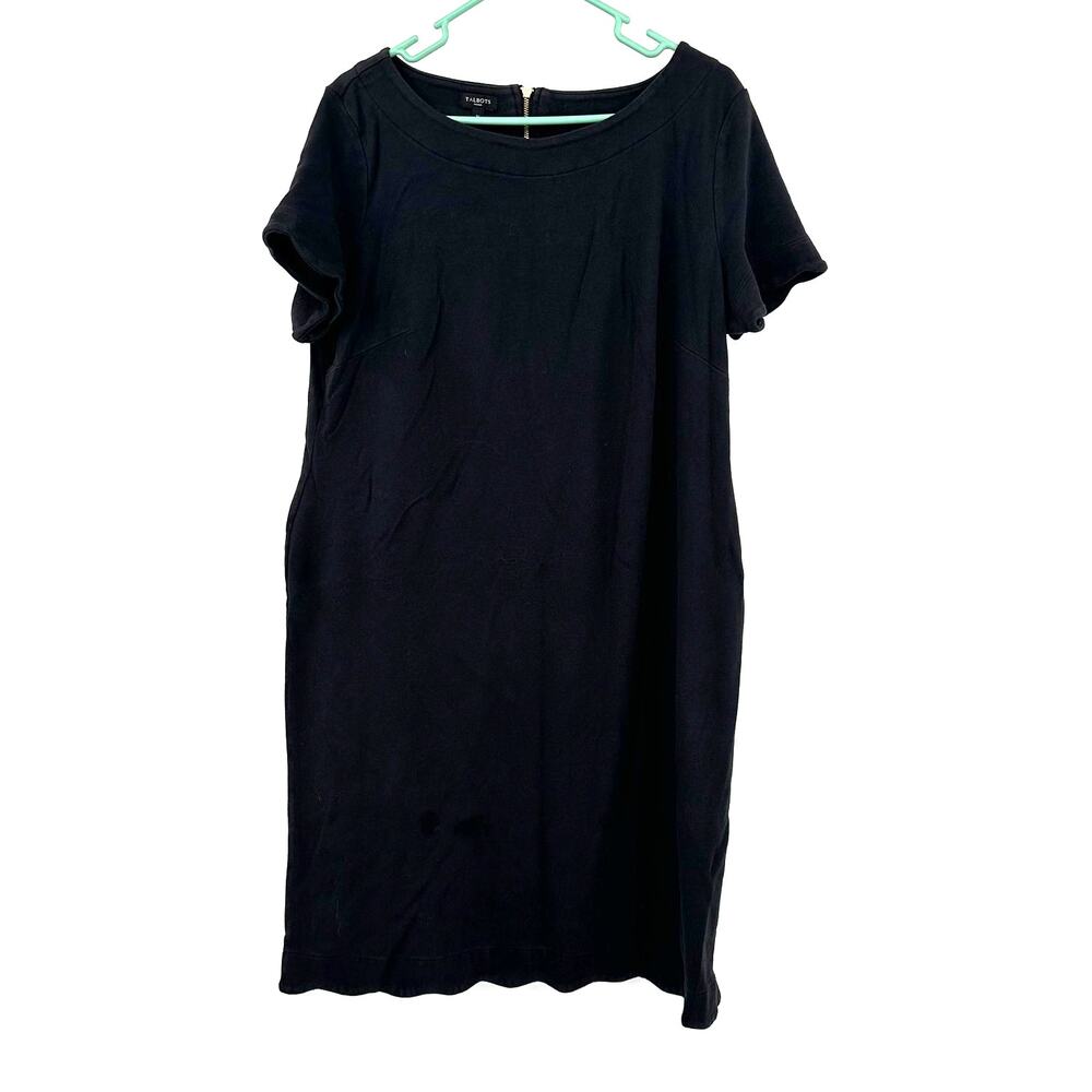 Talbots Size 1X Dress Black Tee Shirt Dress Short Sleeve Zipper Back Sheath